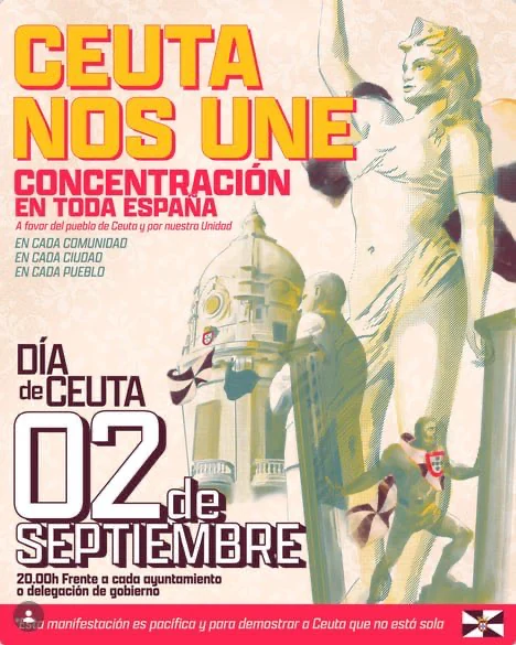 El cartel de la convocatoria: Ceuta nos une. Concentración en toda España el 2 de septiembre a las 20:00 h, frente a cada ayuntamiento o Delegación del Gobierno.